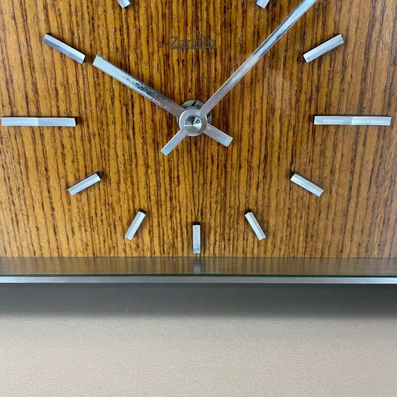Reloj de sobremesa vintage de madera de teca y metal de Zentra, Alemania años 70