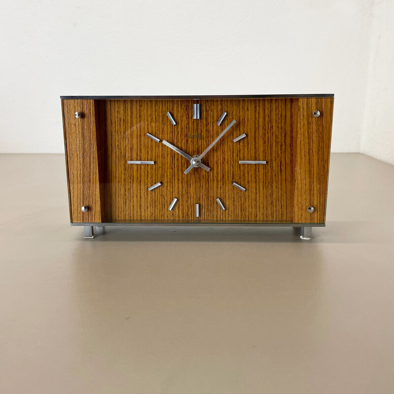 Reloj de sobremesa vintage de madera de teca y metal de Zentra, Alemania años 70