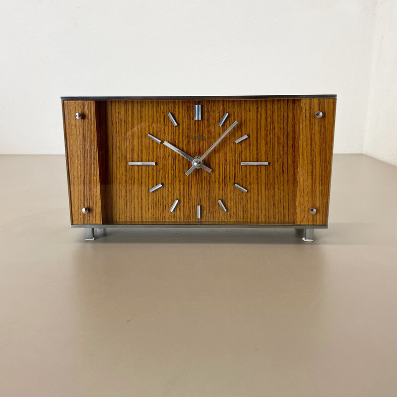 Relógio de mesa de madeira Vintage de madeira e metal da Zentra, Alemanha 1970
