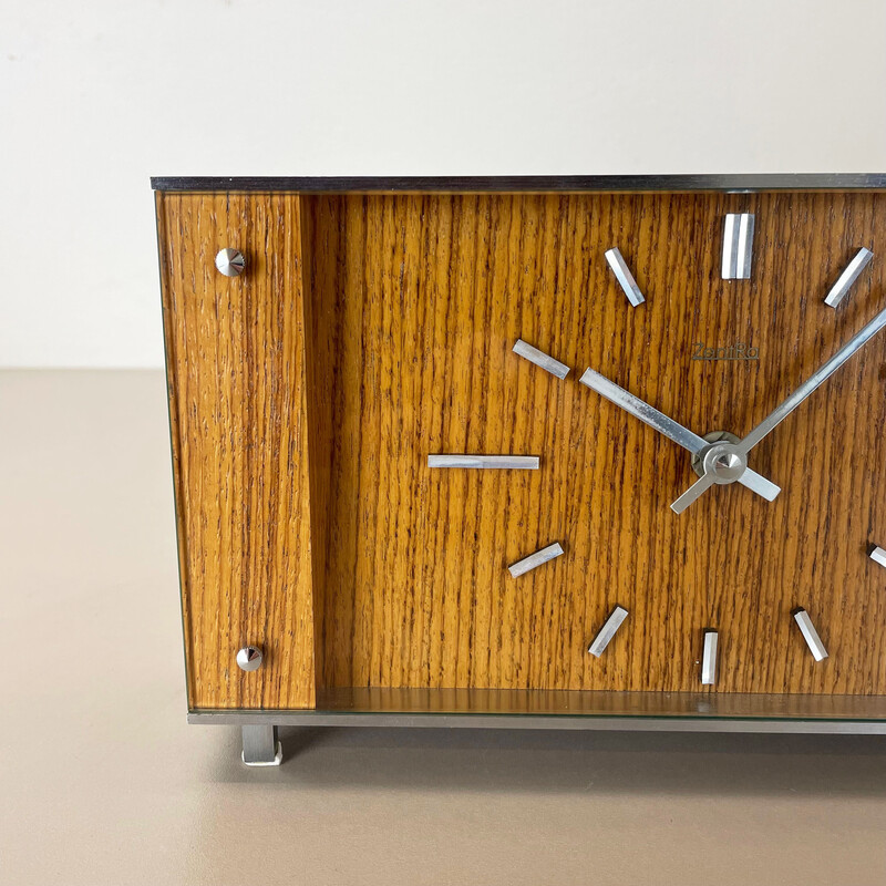 Orologio da tavolo vintage in legno, teak e metallo di Zentra, Germania, anni '70