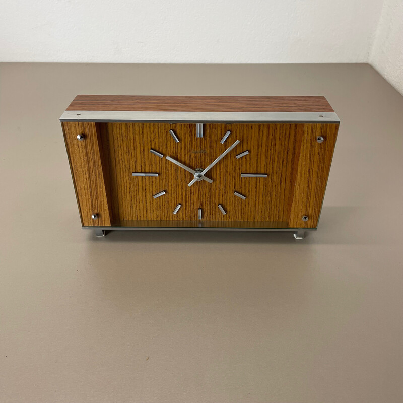 Horloge de table vintage en teck et métal par Zentra, Allemagne 1970