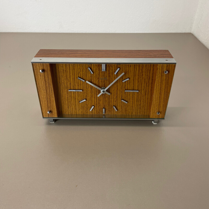 Orologio da tavolo vintage in legno, teak e metallo di Zentra, Germania, anni '70