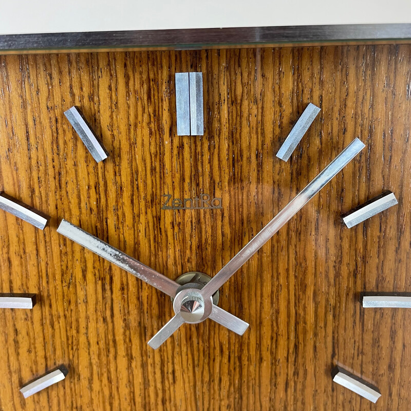 Reloj de sobremesa vintage de madera de teca y metal de Zentra, Alemania años 70