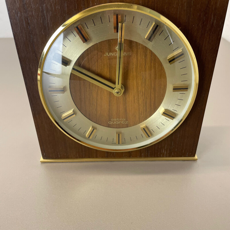 Vintage Hollywood Regency brass and wooden table clock by Junghans Astra Quartz, Germany 1970s