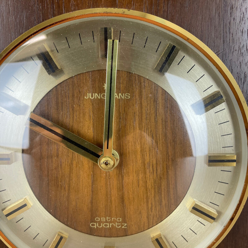 Vintage Hollywood Regency brass and wooden table clock by Junghans Astra Quartz, Germany 1970s