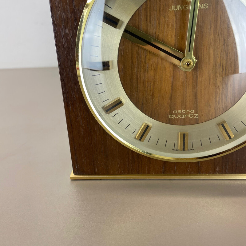 Vintage Hollywood Regency brass and wooden table clock by Junghans Astra Quartz, Germany 1970s