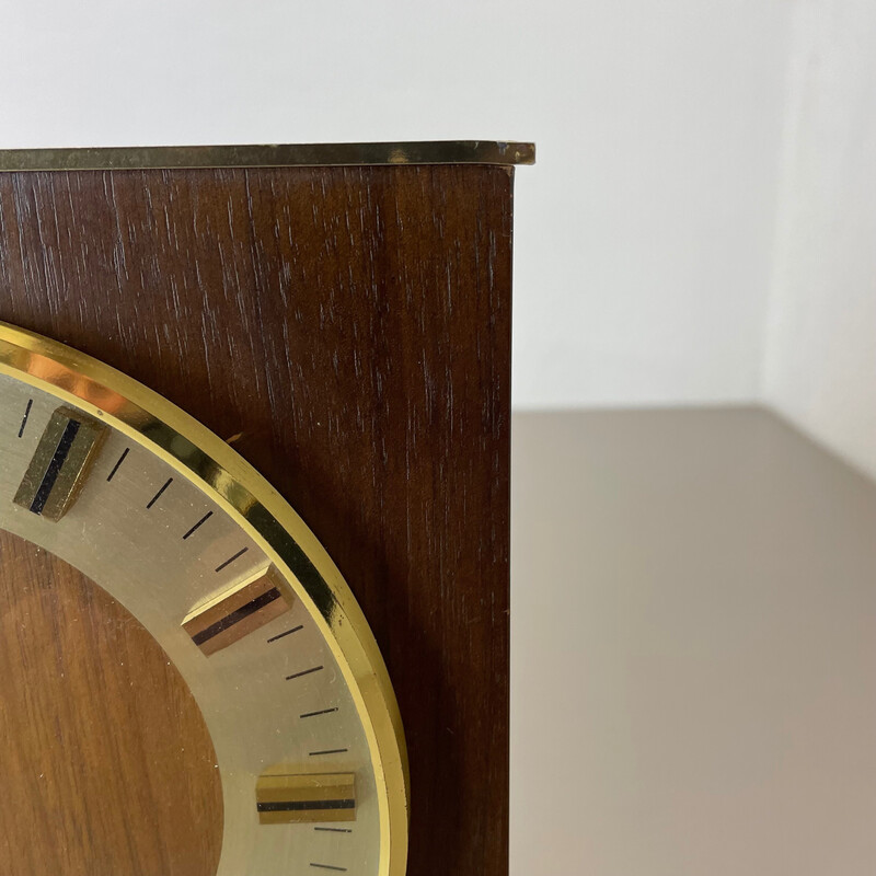 Vintage Hollywood Regency brass and wooden table clock by Junghans Astra Quartz, Germany 1970s