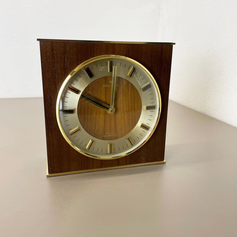 Orologio da tavolo vintage Hollywood Regency in ottone e legno di Junghans Astra Quartz, Germania, anni '70