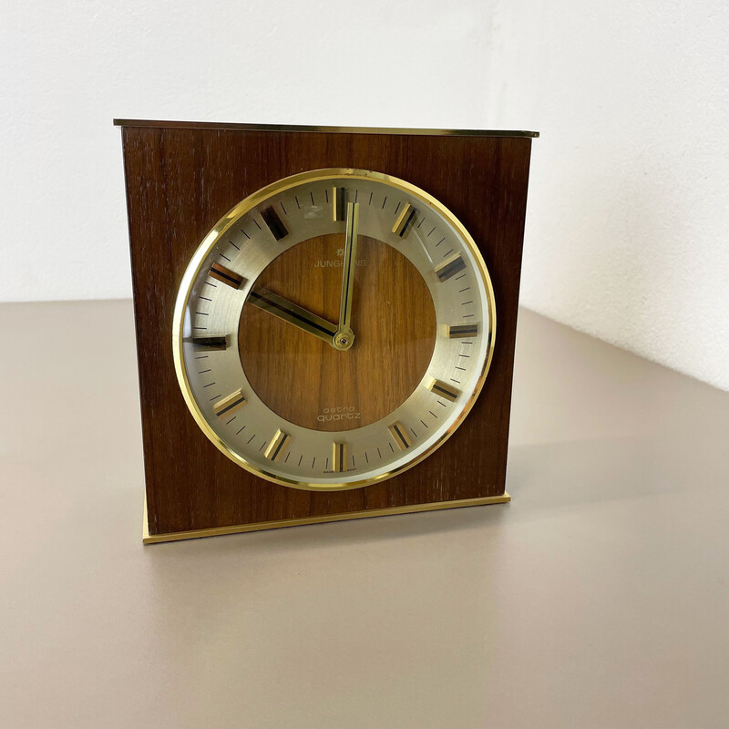 Vintage Hollywood Regency brass and wooden table clock by Junghans Astra Quartz, Germany 1970s