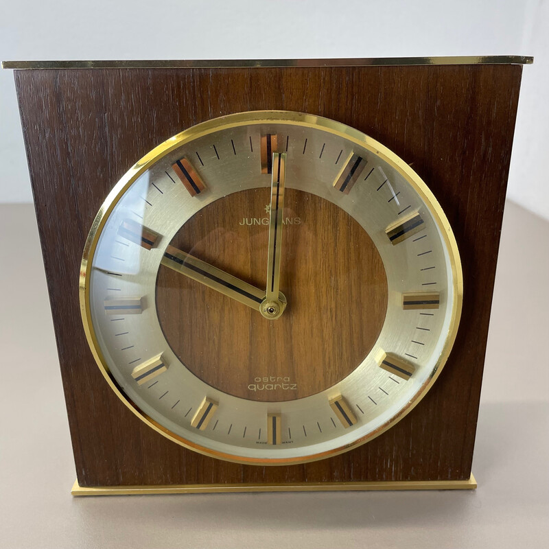 Vintage Hollywood Regency brass and wooden table clock by Junghans Astra Quartz, Germany 1970s