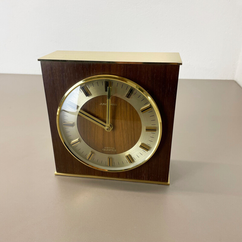 Vintage Hollywood Regency brass and wooden table clock by Junghans Astra Quartz, Germany 1970s