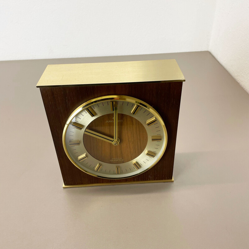 Vintage Hollywood Regency brass and wooden table clock by Junghans Astra Quartz, Germany 1970s