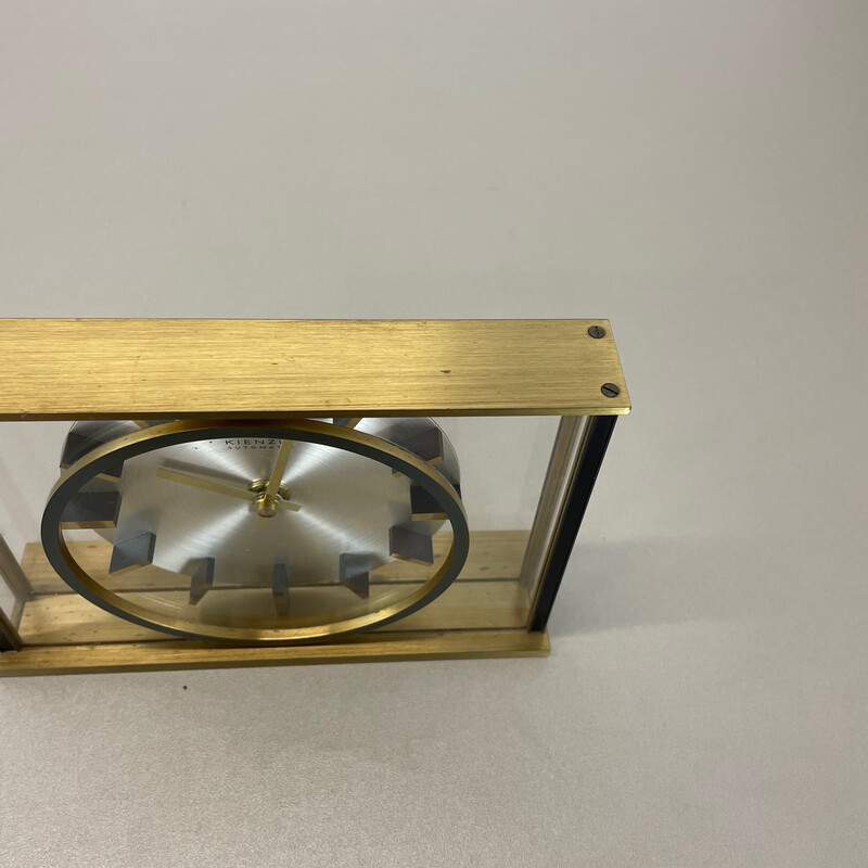 Vintage Hollywood Regency brass and glass table clock by Kienzle, Germany 1970s