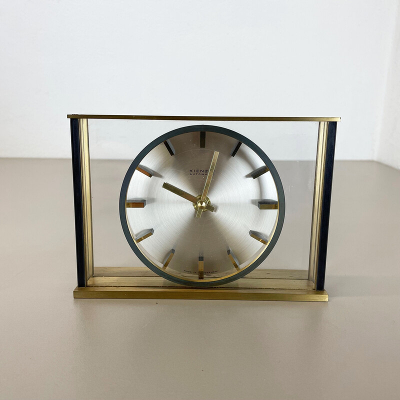 Vintage Hollywood Regency brass and glass table clock by Kienzle, Germany 1970s