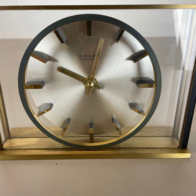 Vintage Hollywood Regency brass and glass table clock by Kienzle, Germany 1970s