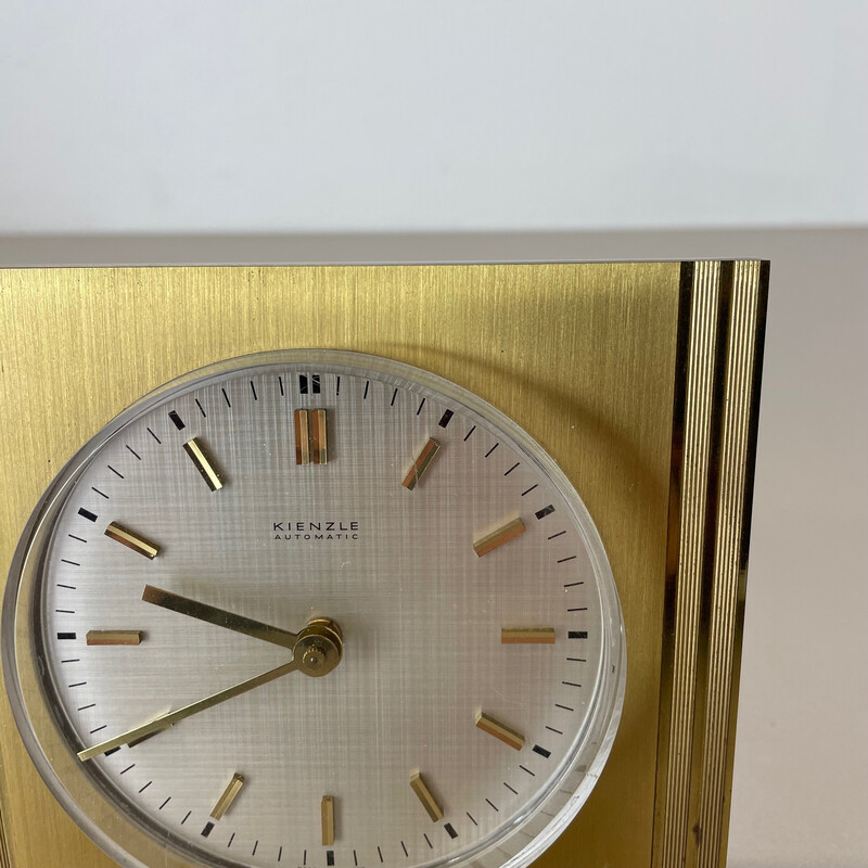 Vintage Hollywood Regency brass and glass table clock by Kienzle, Germany 1960s