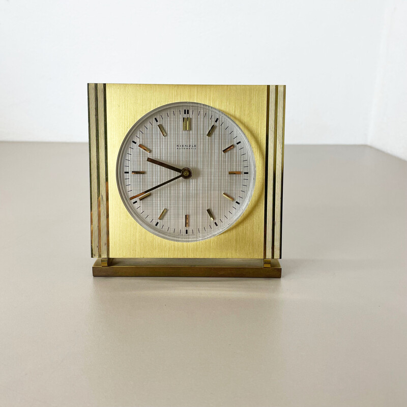 Vintage Hollywood Regency brass and glass table clock by Kienzle, Germany 1960s