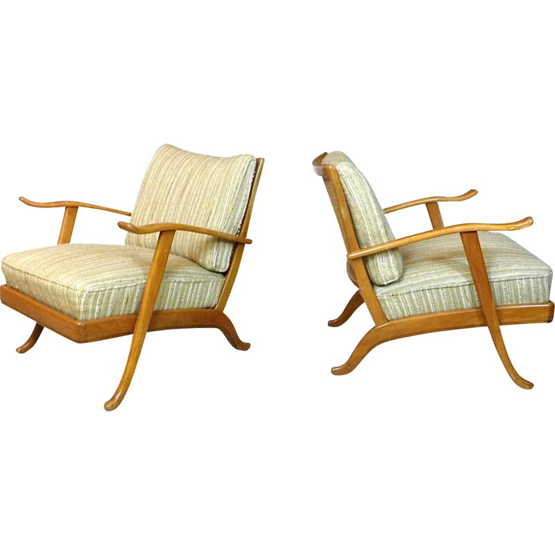 Paar beige houten en wollen fauteuils van Wilhelm Knoll - 1960