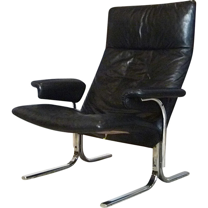 Sillón negro de cuero y metal cromado modelo Swiss DS-2030 de Hans Eichenberger para De Sede - 1980