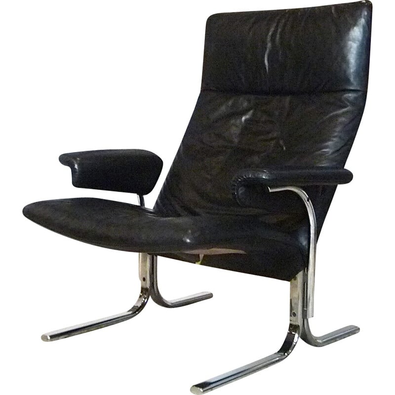 Zwarte fauteuil in leer en verchroomd metaal model Swiss DS-2030 van Hans Eichenberger voor De Sede - 1980