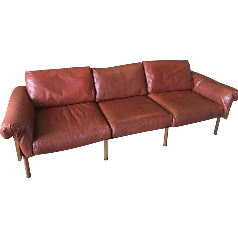 3-seater sofa Ateljee in leather and wood by Yrjö Kukkapuro for Haimi - 1960s