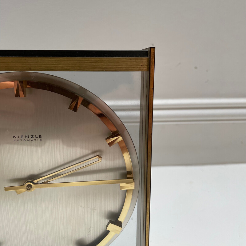 Vintage Hollywood Regency brass and glass table clock by Kienzle, Germany 1960s