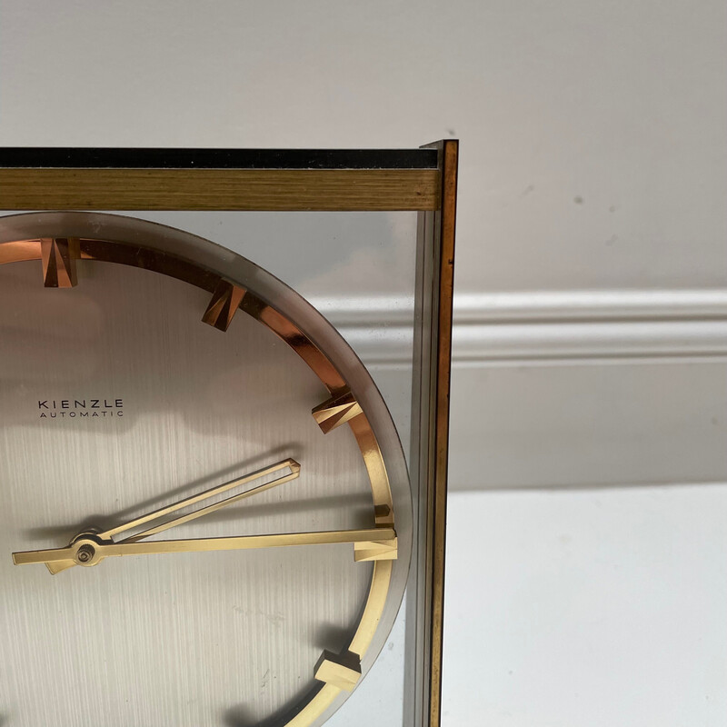 Vintage Hollywood Regency latão e relógio de mesa de vidro pela Kienzle, Alemanha Anos 60