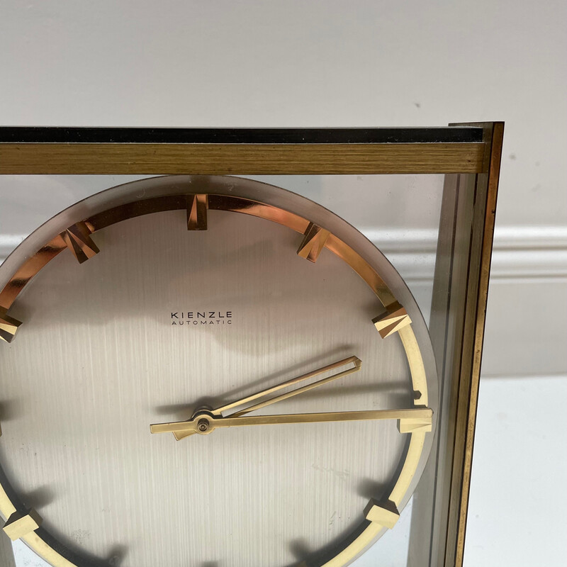 Vintage Hollywood Regency brass and glass table clock by Kienzle, Germany 1960s