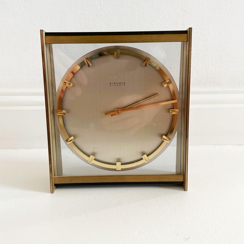 Vintage Hollywood Regency brass and glass table clock by Kienzle, Germany 1960s