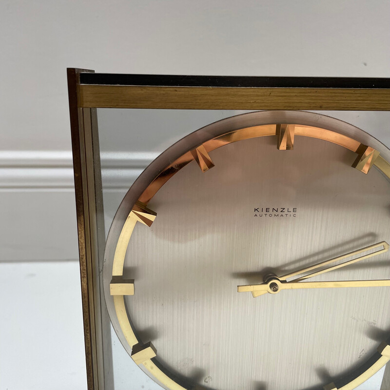 Vintage Hollywood Regency brass and glass table clock by Kienzle, Germany 1960s