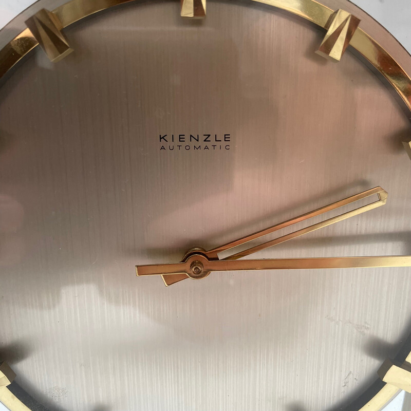 Vintage Hollywood Regency brass and glass table clock by Kienzle, Germany 1960s