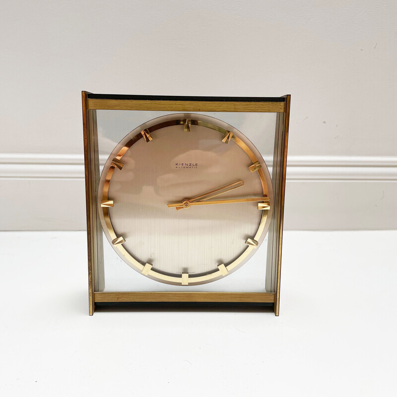 Vintage Hollywood Regency brass and glass table clock by Kienzle, Germany 1960s