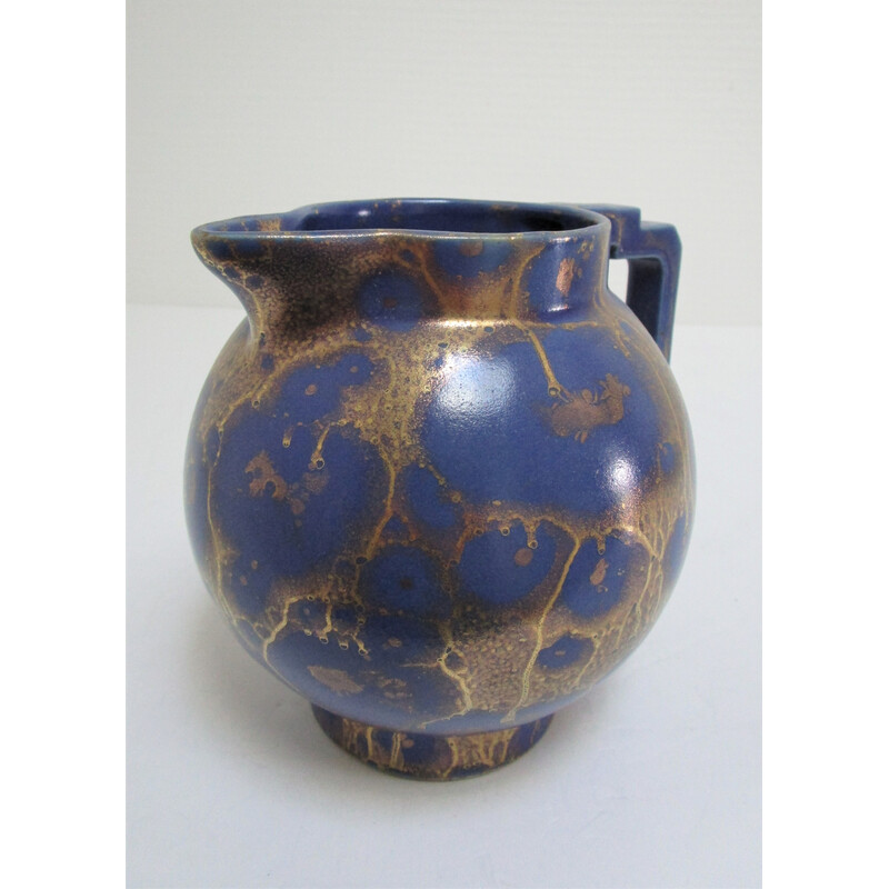 Brocca vintage in ceramica smaltata blu e oro Art Déco di Lucien Brisdoux, 1930