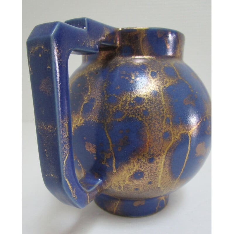 Vintage Art Deco blue and gold glazed ceramic pitcher by Lucien Brisdoux, 1930