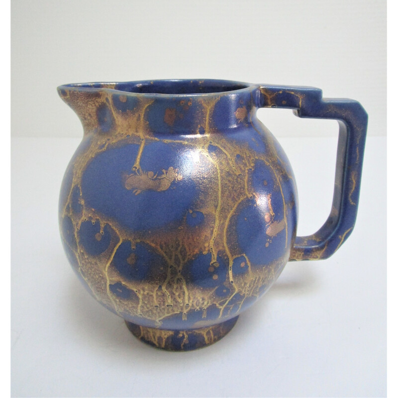 Vintage Art Deco blue and gold glazed ceramic pitcher by Lucien Brisdoux, 1930