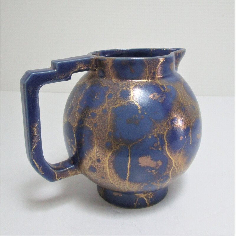 Vintage Art Deco blue and gold glazed ceramic pitcher by Lucien Brisdoux, 1930