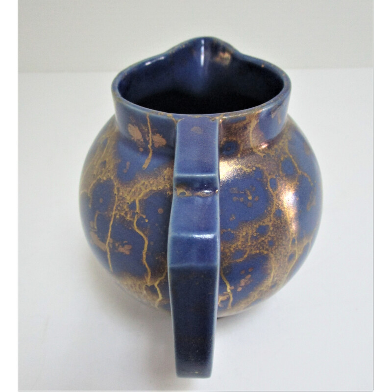 Jarra vintage de cerámica esmaltada azul y dorada de Lucien Brisdoux, 1930