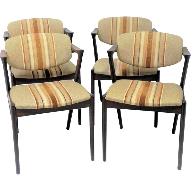 Set of 4 chairs in dark oakwood and fabric by Kai Kristiansen for Schou Andersen - 1950s