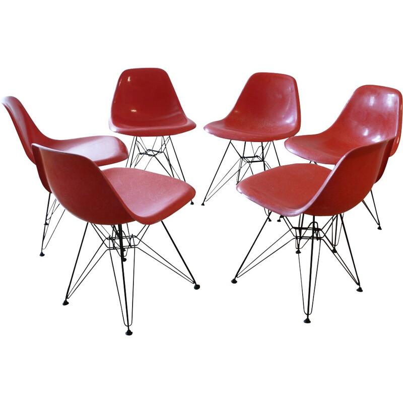 Set of six red chairs model "Side Chairs" in glassfiber and steel by Eames - 1960s