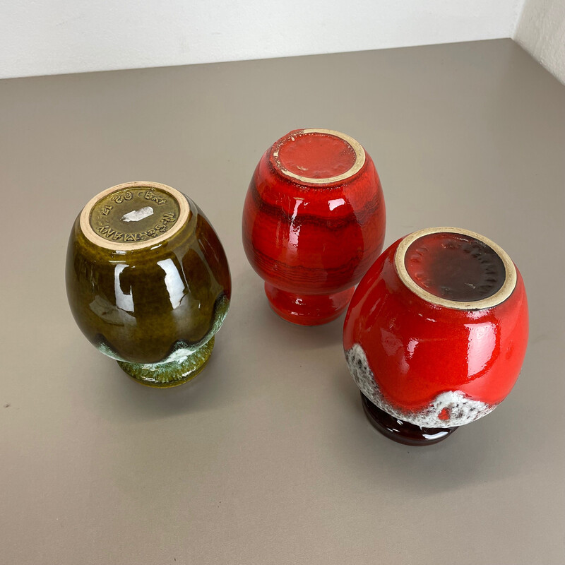 Ensemble de 3 vases Op Art vintage en lave grasse multicolore par Bay Ceramics, Allemagne 1970