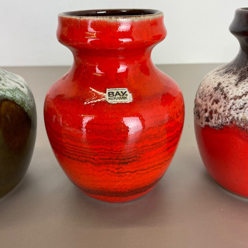 Set of 3 vintage multi-color fat lava Op Art vases by Bay Ceramics, Germany 1970s