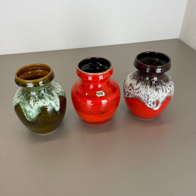 Set of 3 vintage multi-color fat lava Op Art vases by Bay Ceramics, Germany 1970s