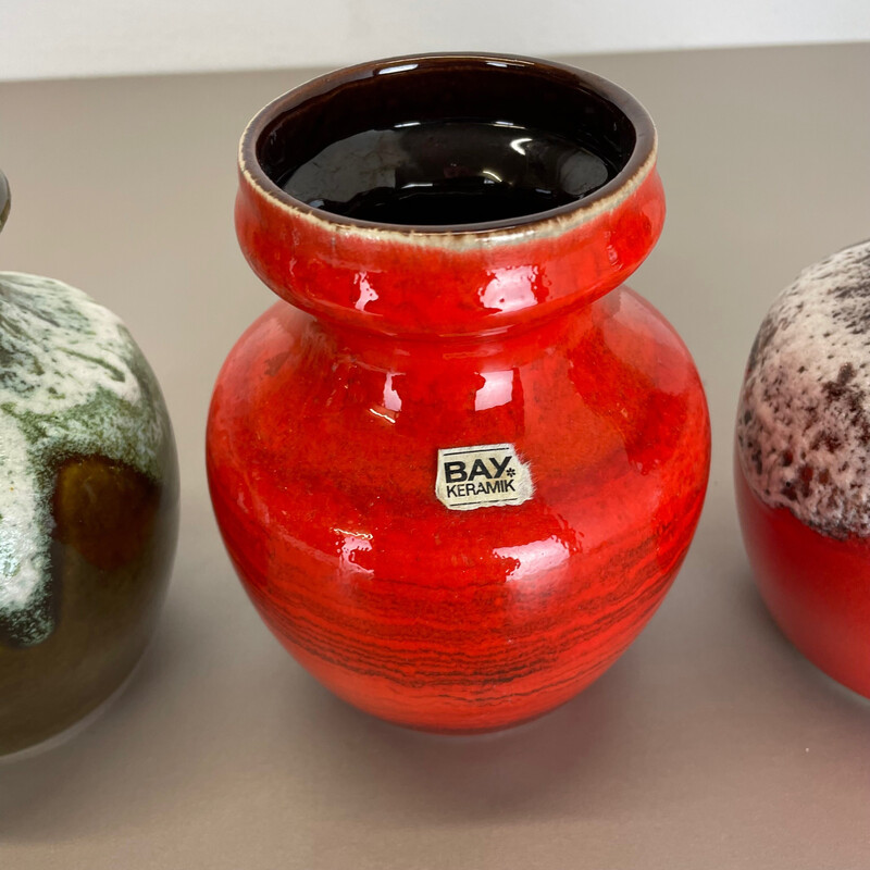 Ensemble de 3 vases Op Art vintage en lave grasse multicolore par Bay Ceramics, Allemagne 1970