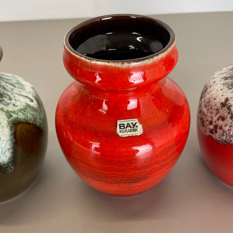 Set of 3 vintage multi-color fat lava Op Art vases by Bay Ceramics