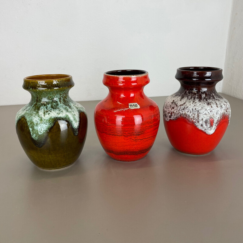 Satz von 3 mehrfarbigen Vasen aus fetter Lava Op Art von Bay Ceramics, Deutschland 1970er