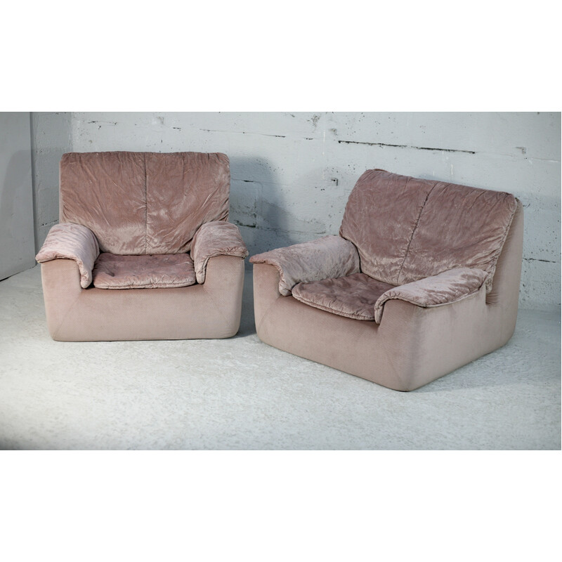 Pair of vintage armchairs in foam and pale pink velvet, France 1970