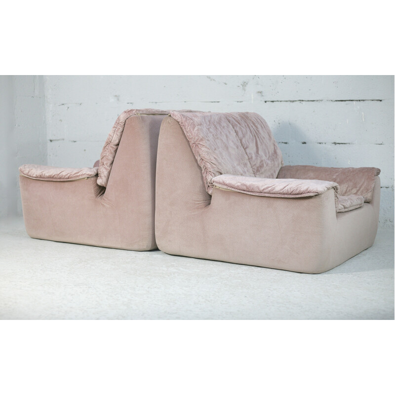 Pair of vintage armchairs in foam and pale pink velvet, France 1970