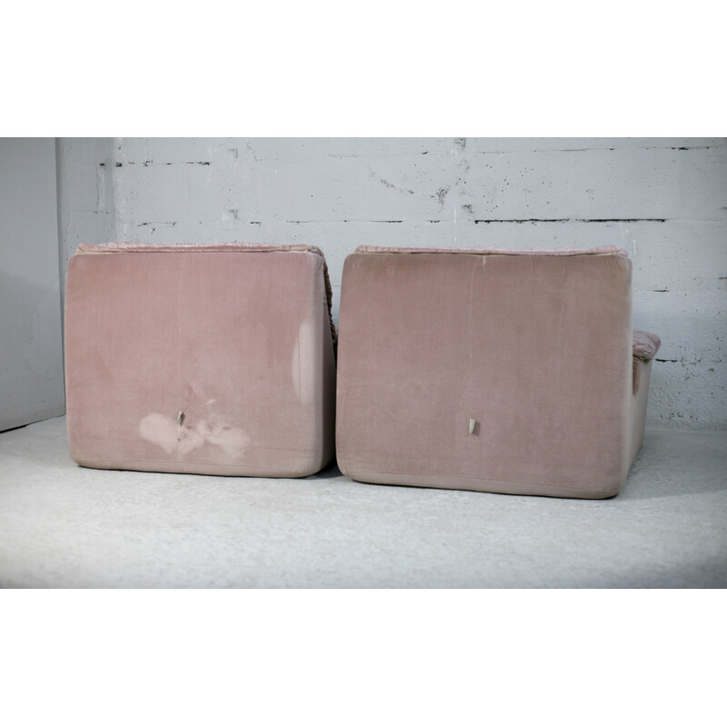 Pair of vintage armchairs in foam and pale pink velvet, France 1970