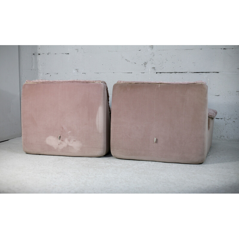 Paire de fauteuils vintage en mousse et velours rose pale, France 1970