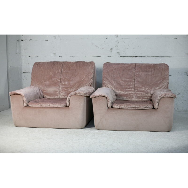 Paire de fauteuils vintage en mousse et velours rose pale, France 1970